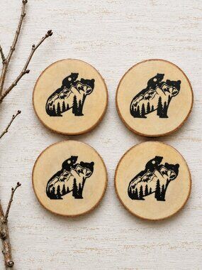 Rustic Birch Wood Mama Bear & Cub Coasters – Set of 4